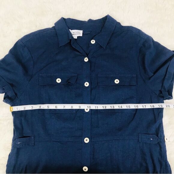 Navy Blue 100% Linen Short Sleeve Button Front Dress Classic Midi Size Large New - Picture 10 of 12